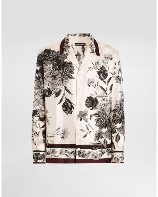 Dolce & Gabbana White Flower Bouquet-Print Twill Shirt for men