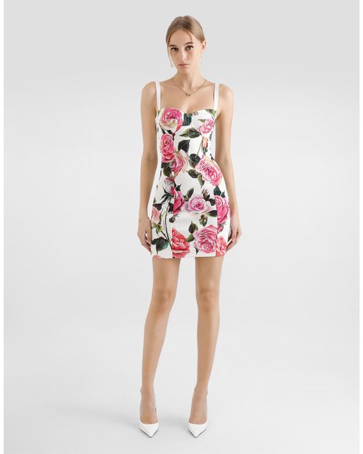 Dolce & Gabbana White Bustierkleid Aus Baumwolljacquard Rosenprint