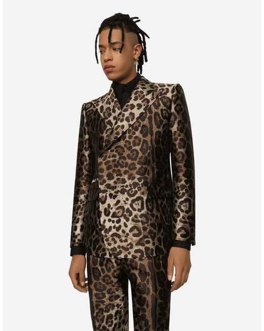 Dolce & Gabbana Black Double-Breasted Leopard-Design Jacquard Sicilia-Fit Suit for men