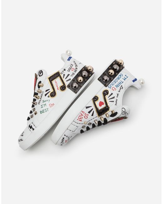 Dolce & Gabbana White Sneakers Portofino aus bedrucktem kalbsnappaleder mit patch und stickerei
