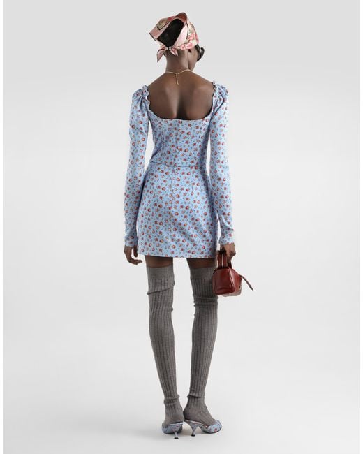Dolce & Gabbana Blue Silk Dress With Floral Motif