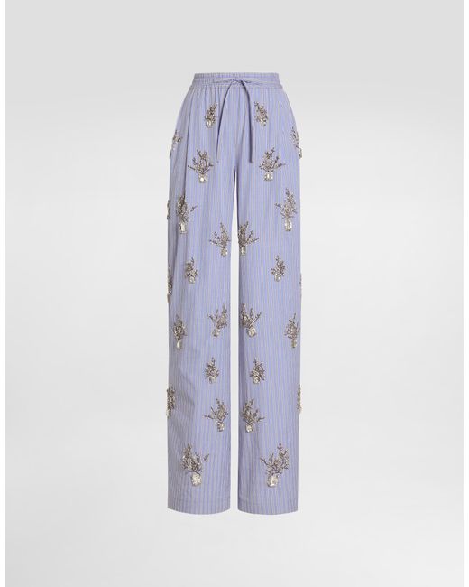 Dolce & Gabbana Blue Poplin Trousers With Floral Embroidery