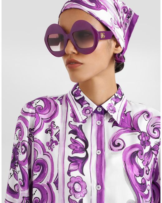 Dolce & Gabbana Purple Majolica-Print Long Twill Shirt Dress