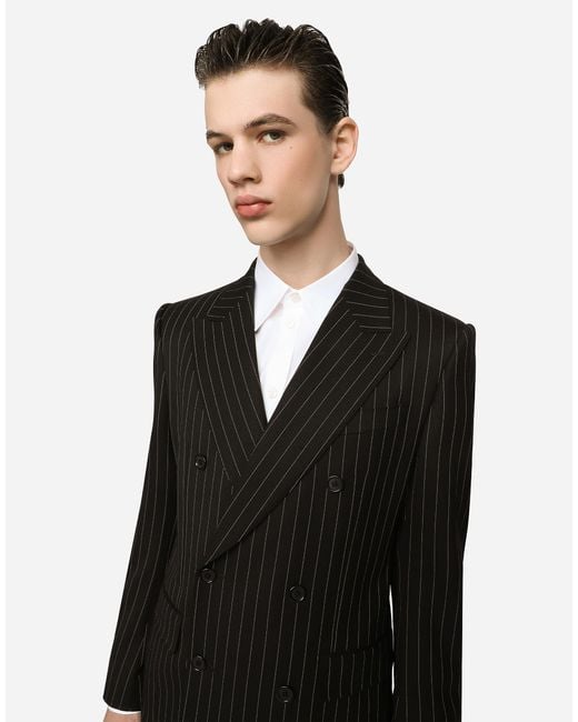 Dolce & Gabbana Black Double-Breasted Pinstripe Stretch Wool Sicilia-Fit Suit for men
