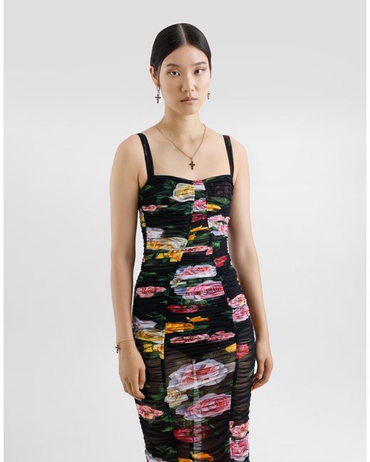 Dolce & Gabbana White Tulle Calf-Length Slip Dress With Draping And Peony And Rose