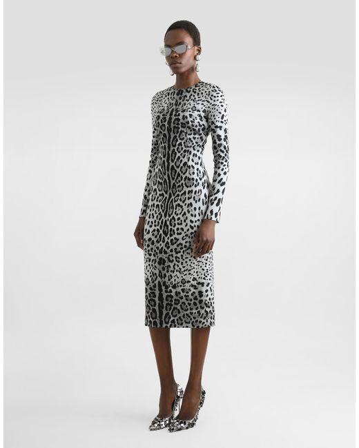 Dolce & Gabbana White Charmeuse Calf-Length Sheath Dress With Leopard