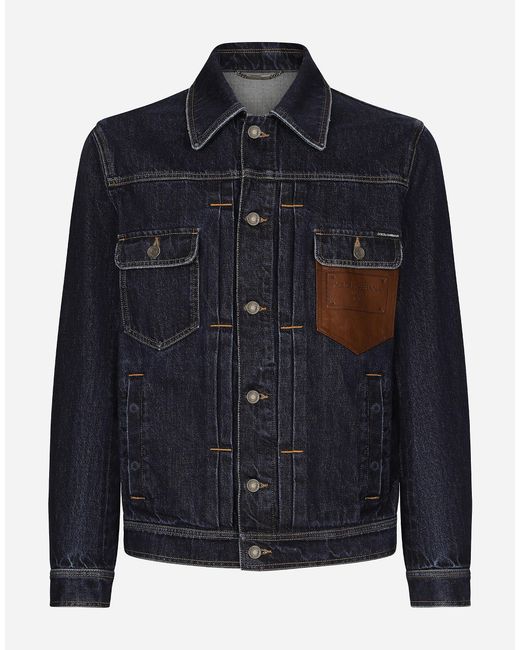 Dolce & Gabbana Blue Denim Jacket With Embossed Tag On Leather for men