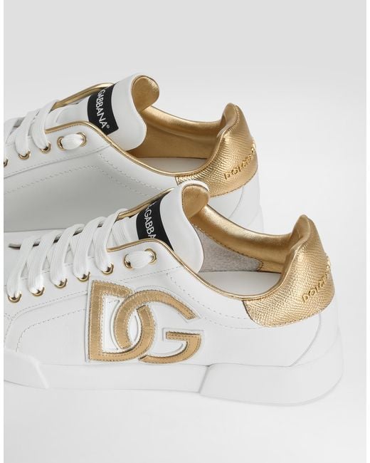 Dolce & Gabbana White Calfskin Portofino Sneakers With Dg Logo