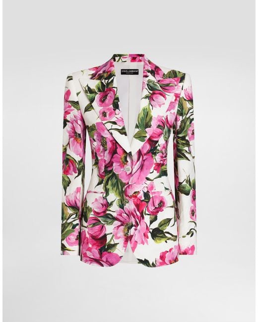 Dolce & Gabbana Pink Jacke Turlington Aus Baumwolljacquard Pfingstrosen-Print