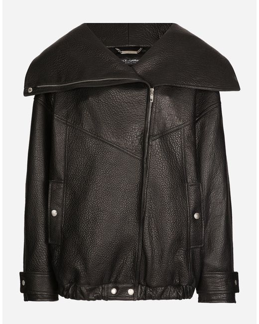 Dolce & Gabbana Black Oversized Textured-Leather Biker Jacket