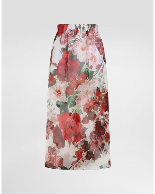 Dolce & Gabbana White Rose- Chiffon Calf-Length Skirt