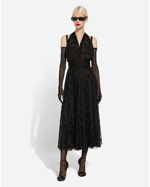 Dolce & Gabbana Black Dévoré Satin Calf-Length Dress With All-Over Dg Logo