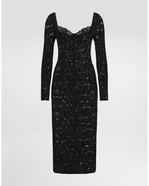 Dolce & Gabbana Black Calf-Length Floral Lace Dress With Bra-Style Cups
