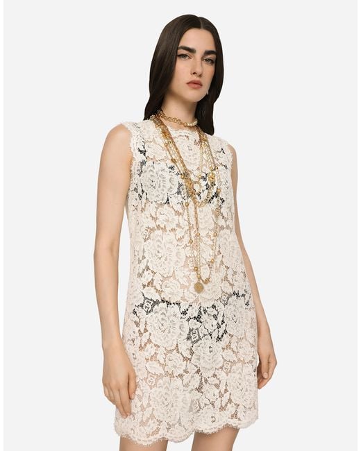 Dolce & Gabbana Natural Lace Dress With Floral Pattern