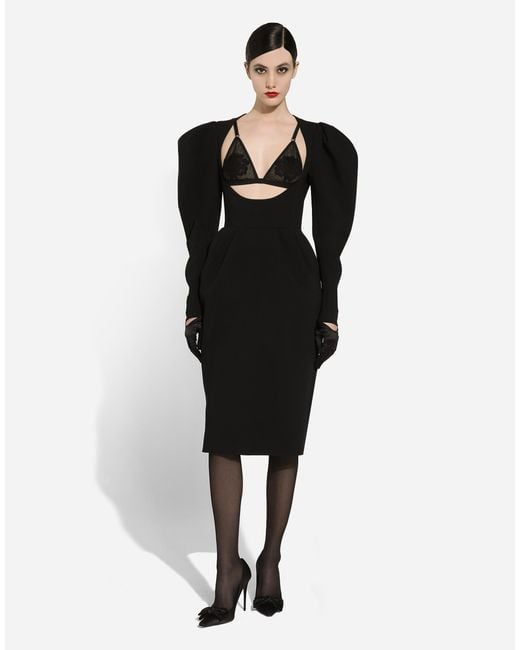 Dolce & Gabbana Black Calf-Length Wool Dress With Open Neckline