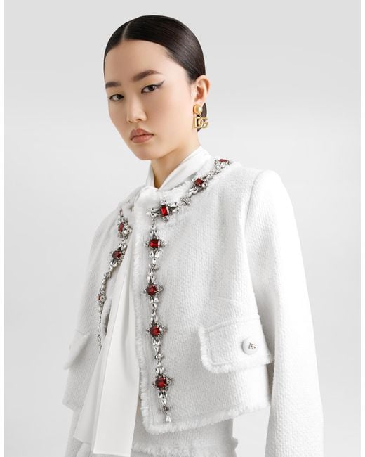 Dolce & Gabbana White Tweed Embellished Jacket