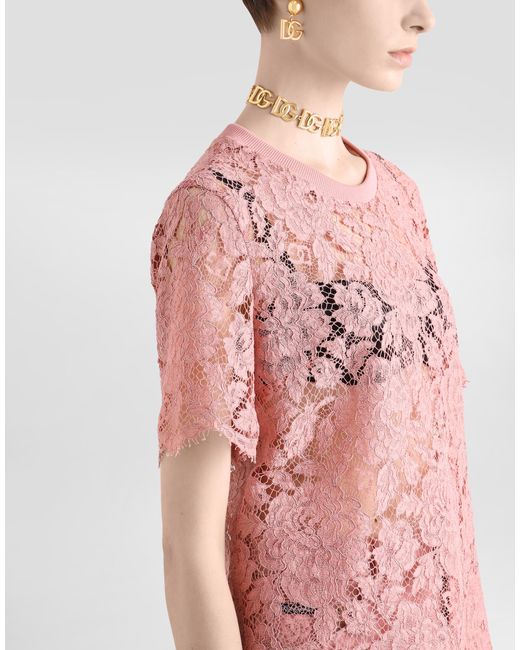Dolce & Gabbana Pink Short-Sleeved Cordonetto Lace T-Shirt