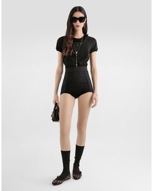Dolce & Gabbana Black Jersey T-Shirt With Lace And Embroidery