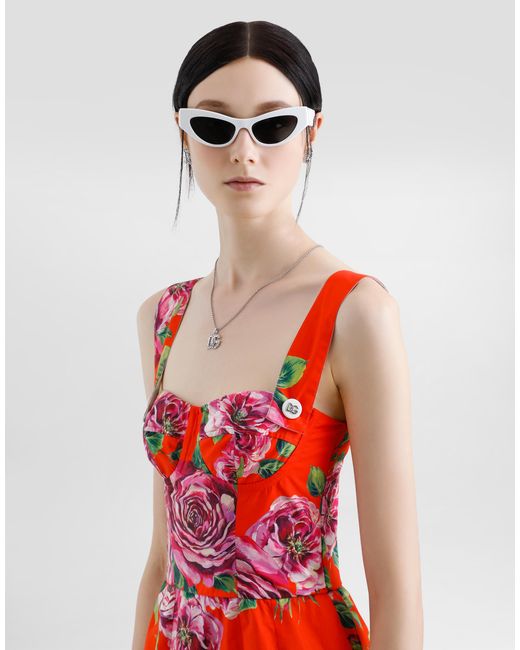 Dolce & Gabbana Red Long Cotton Corset Top With Rose