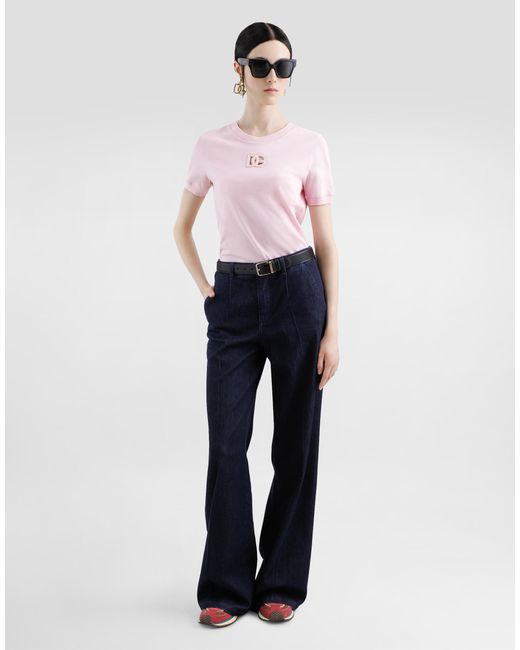 Dolce & Gabbana Pink Jersey T-Shirt With Raised Dg Logo Embroidery