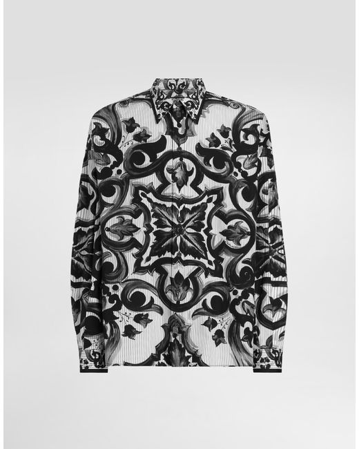 Dolce & Gabbana Oversize-Hemd Aus Gestreiftem Popeline Mit Majolika-Print in White für Herren
