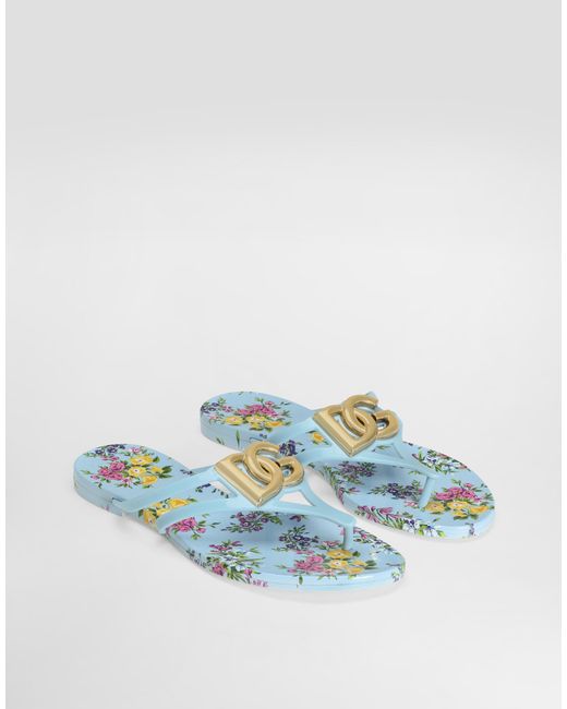 Dolce & Gabbana Blue Rubber Beachwear Slides With Logo And Little Flowers Print