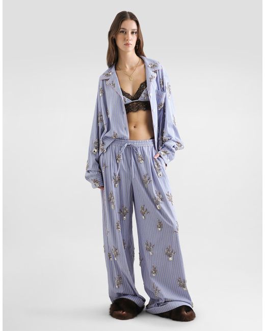 Dolce & Gabbana Blue Poplin Trousers With Floral Embroidery