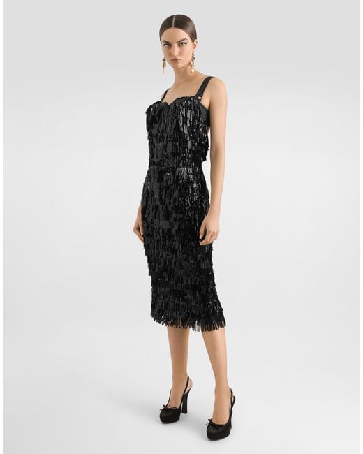 Dolce & Gabbana Black Calf-Length Slip Dress With Sequined Fringing