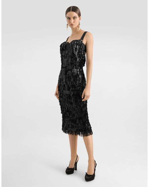 Dolce & Gabbana Black Calf-Length Slip Dress With Sequined Fringing
