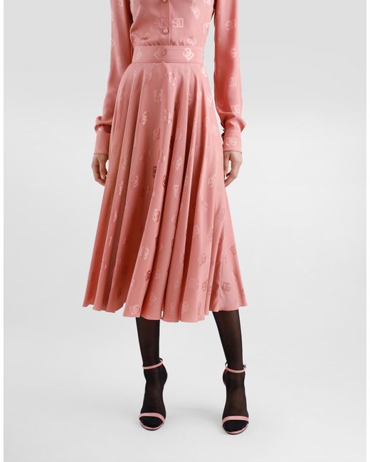 Dolce & Gabbana Pink Silk Jacquard Calf-Length Circle Skirt With Dg Logo