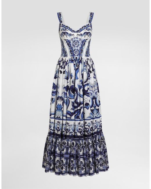 Robe Bustier Mi-Longue En Popeline À Imprimé Majoliques Dolce & Gabbana en coloris White