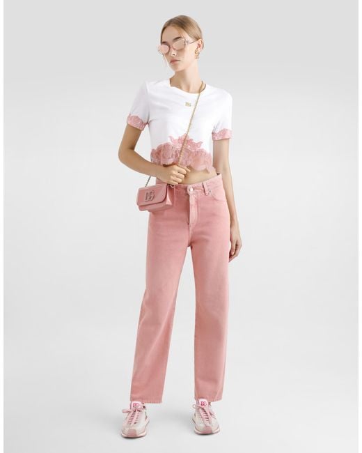 Dolce & Gabbana Pink Cropped Jersey T-Shirt With Dg Logo And Lace Inserts