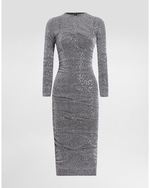 Dolce & Gabbana Gray Sequined Draped Calf-Length Dress