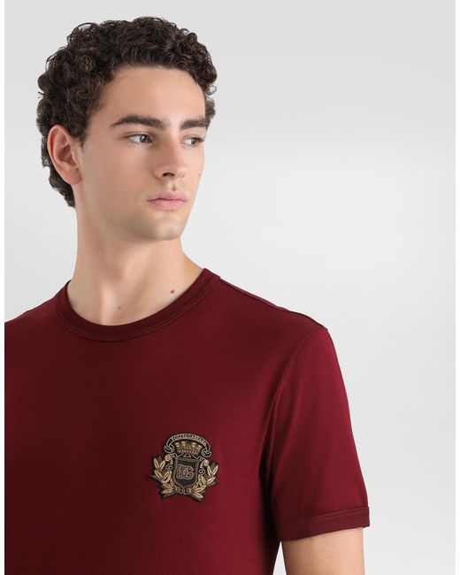 Dolce & Gabbana Red Cotton T-Shirt With Heraldic Patch for men