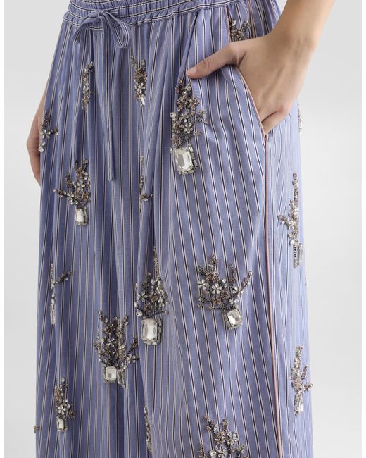 Dolce & Gabbana Blue Poplin Trousers With Floral Embroidery