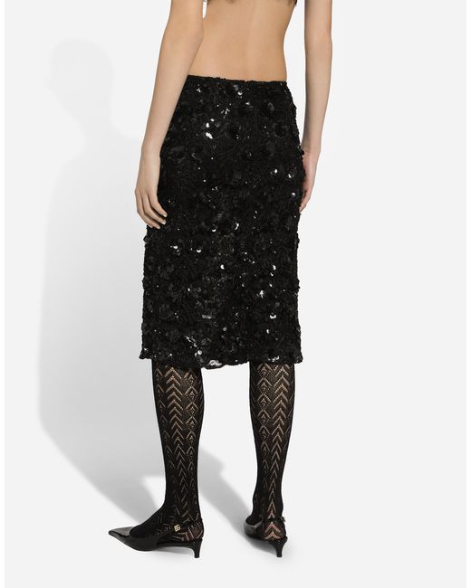 Dolce & Gabbana Black Lace Calf-Length Skirt With All-Over Sequins