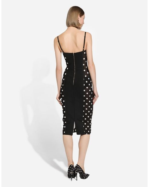 Dolce & Gabbana Black Stretch Midi Sheath Dress With Polka Dot Print