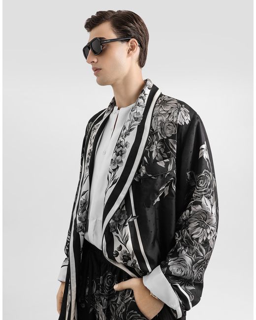 Dolce & Gabbana White Flower Bouquet-Print Jacquard Twill Robe for men