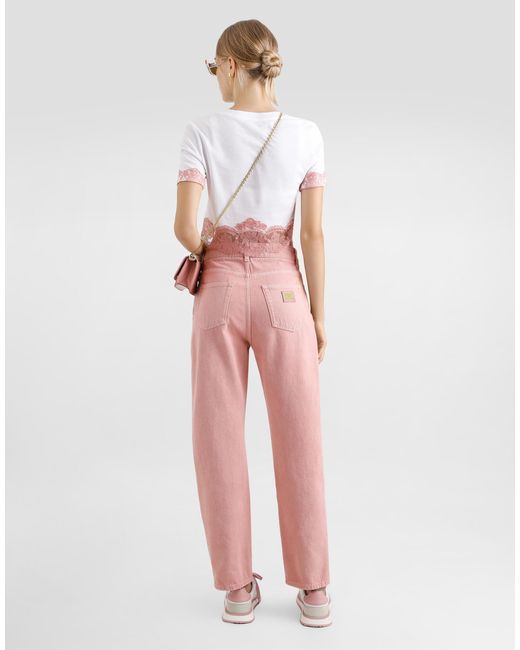 Camiseta Corta De Punto Con Aplicaciones De Encaje Y Logotipo Dg Dolce & Gabbana de color Pink