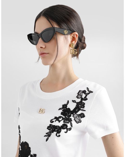 Dolce & Gabbana White Jersey T-Shirt With Dg Logo Pin And Lace Details
