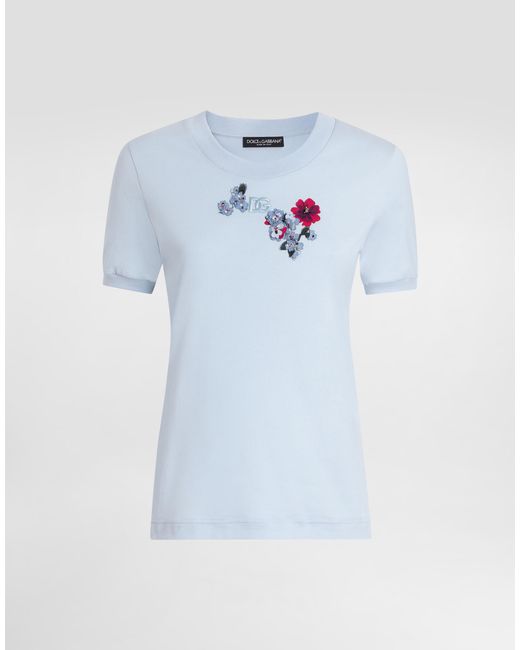 Dolce & Gabbana Blue Jersey T-Shirt With Flower Patch