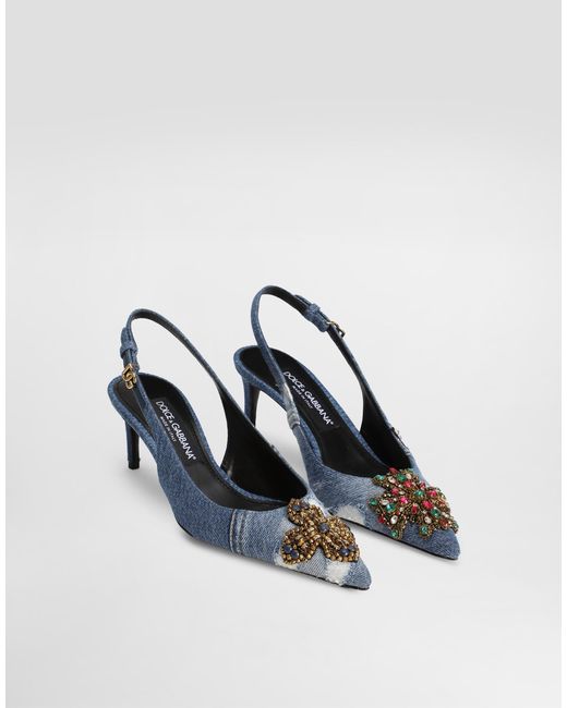 Dolce & Gabbana Denim Patchwork Slingback With Embroidery Blue