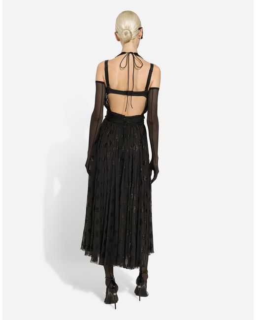Dolce & Gabbana Black Dévoré Satin Calf-Length Dress With All-Over Dg Logo