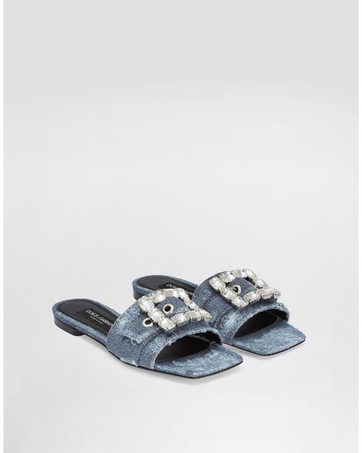 Dolce & Gabbana White Patchwork Denim Slides With Rhinestone Buckle