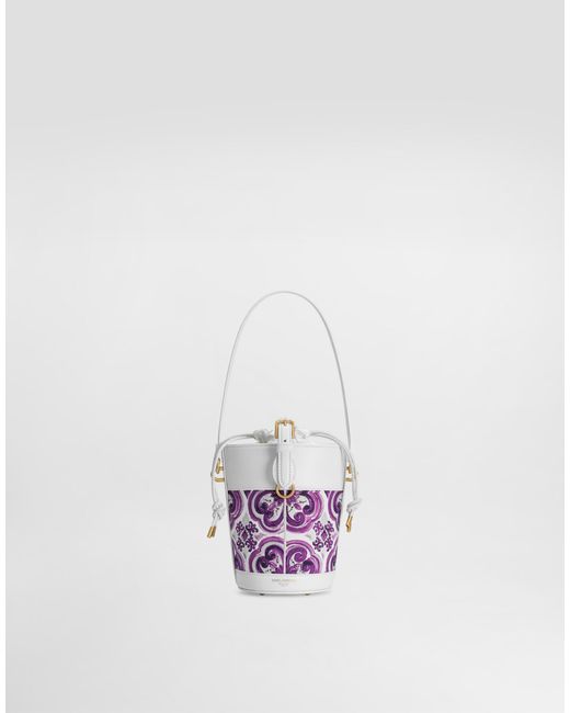 Dolce & Gabbana White Capri Canvas Majolica-Printed Bucket Bag