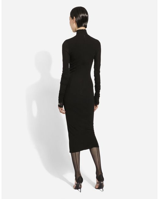Dolce & Gabbana Black Jersey Calf-Length Dress With Chantilly Lace Insert