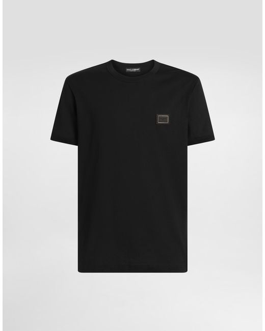 Dolce & Gabbana Black Cotton T-Shirt With Logo Plate for men