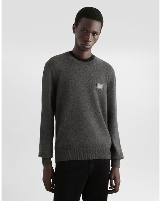 Dolce & Gabbana Rundhalspullover Aus Wolle Mit Logoplakette in Black für Herren