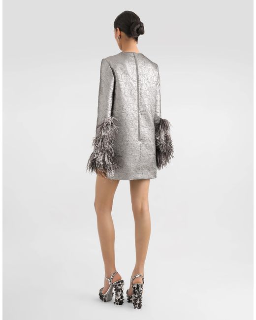 Dolce & Gabbana Gray Quilted Lamé Jacquard Sack Minidress With Feathered Cuffs