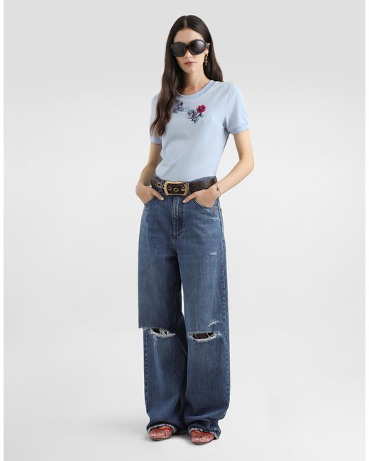 Dolce & Gabbana Blue Jersey T-Shirt With Flower Patch